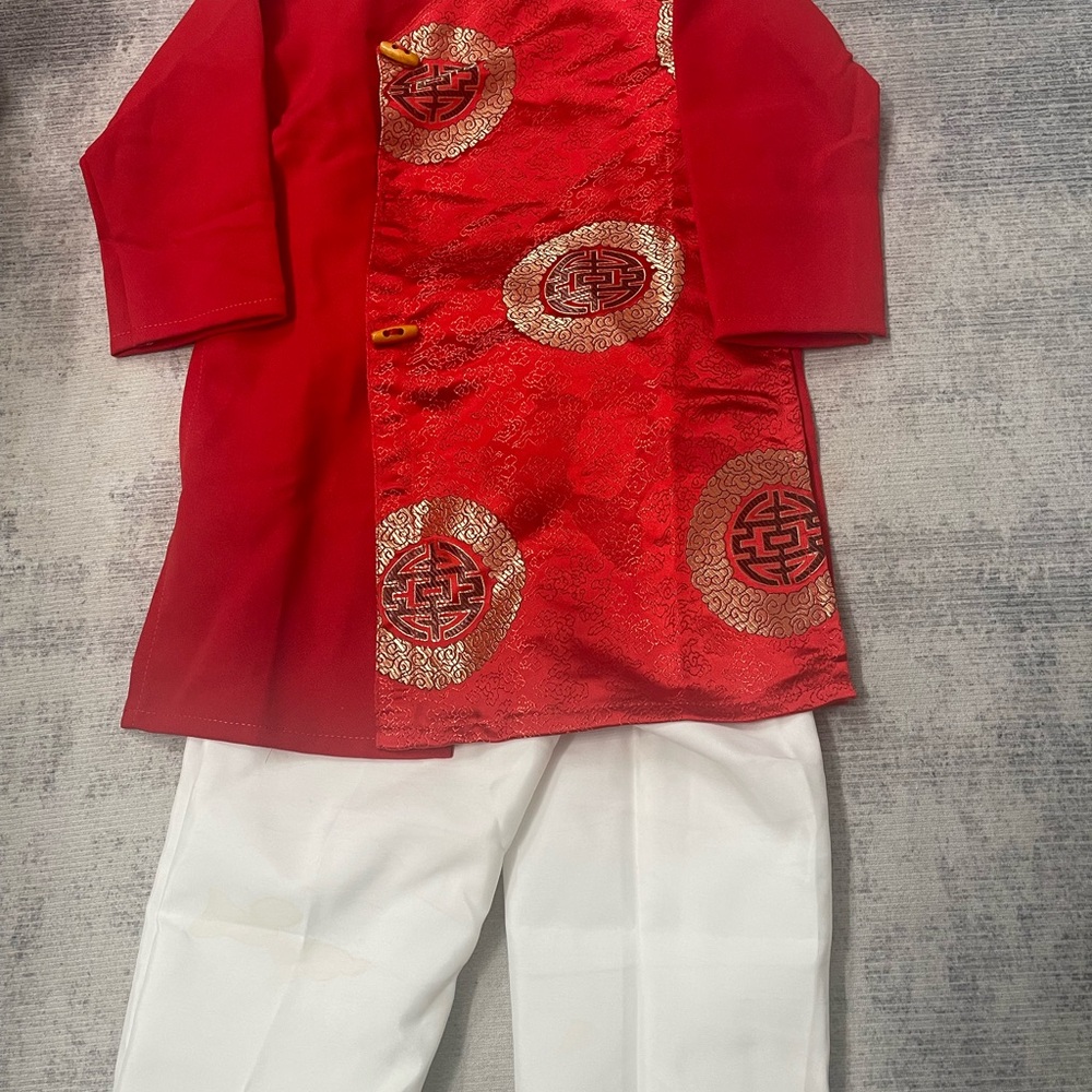 Red and Gold Traditional Outfit with White Pants